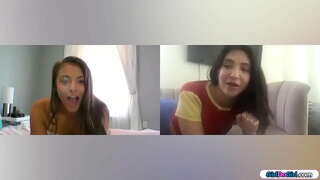 Cherie gfs te whakatau ki te whakamahi i to ratou taonga tākaro i roto i te videocall.Te busty babe whero hiko tana kaihe i te tits iti brunette whakatakoto i tana kaihe i runga i te toy
